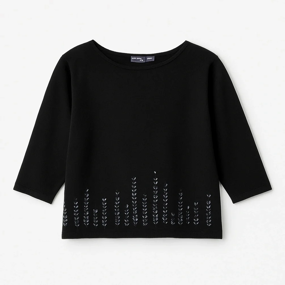 HILLARD &‎ HANSON Black Beaded Hem Knit Sweater 3/4 Sleeve 90s Y2K Vintage L